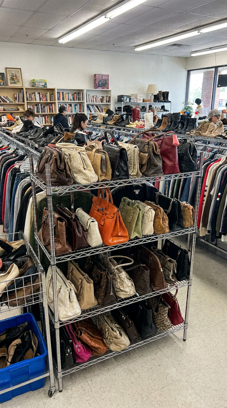 Crowded thrift store shelves