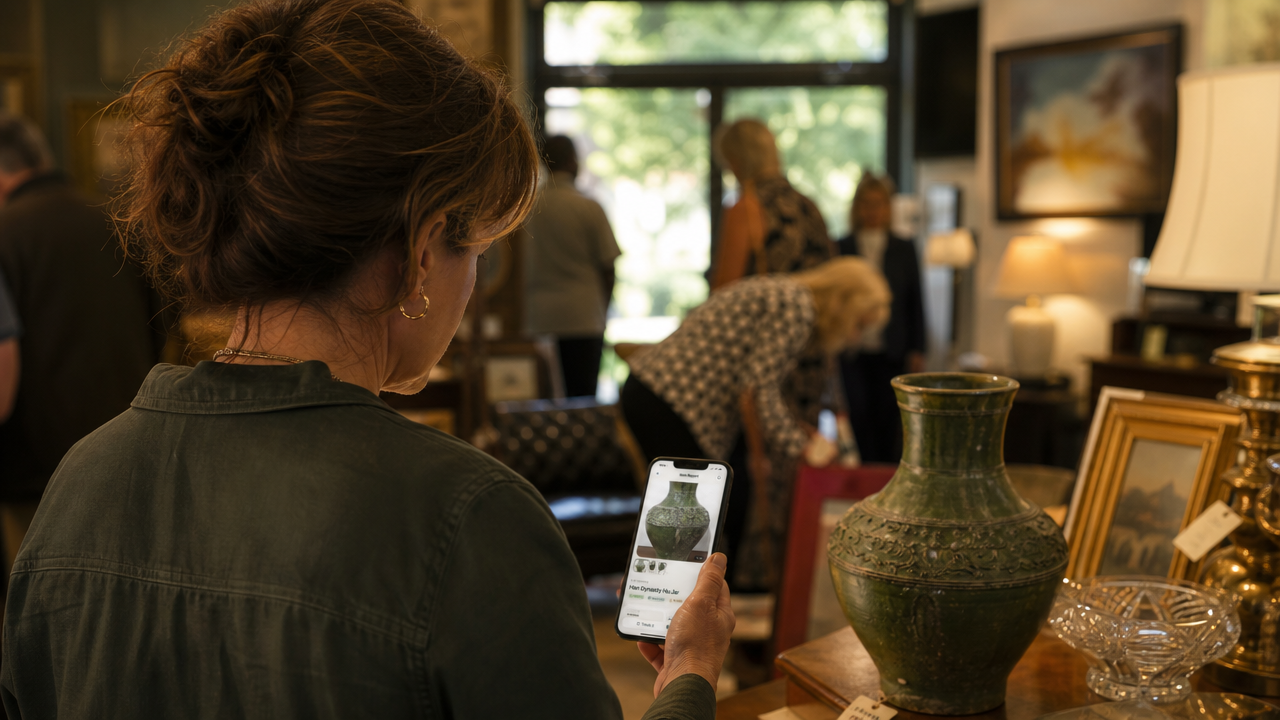 A shopper scanning a green ceramic jar with the Value Scout app at an estate sale