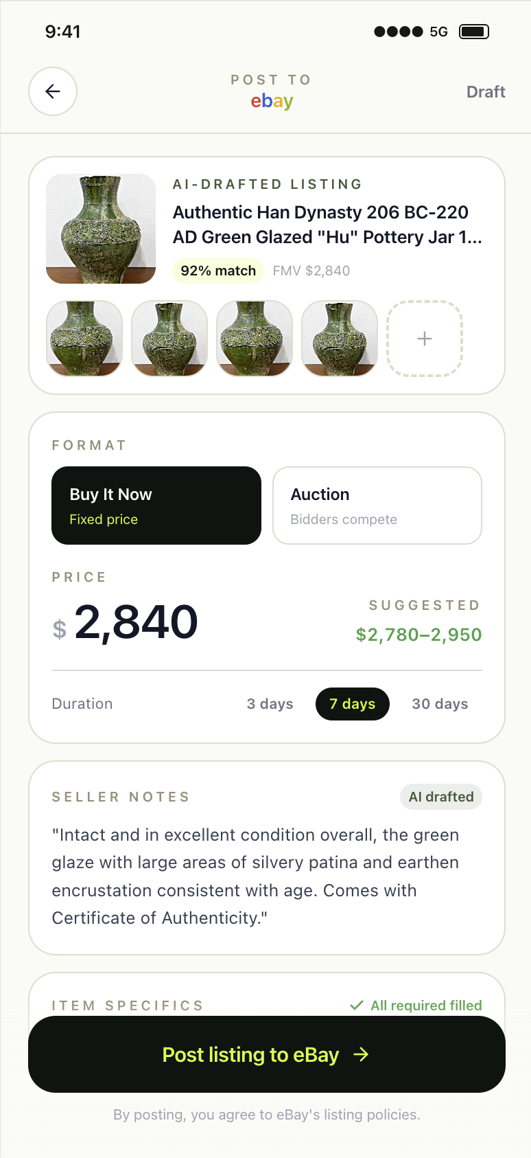 Put it up for sale with one tap.