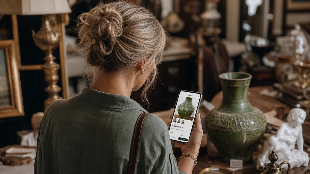 A woman in a vintage shop scanning a green Han Dynasty jar with Value Scout
