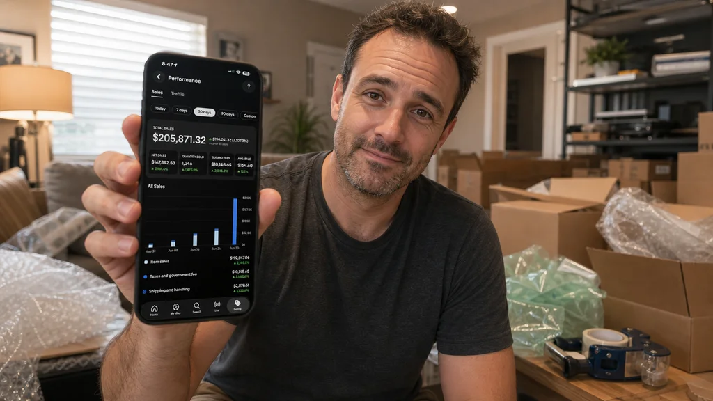 A reseller holding up his phone showing $205,871 in monthly eBay sales, surrounded by shipping boxes and bubble wrap